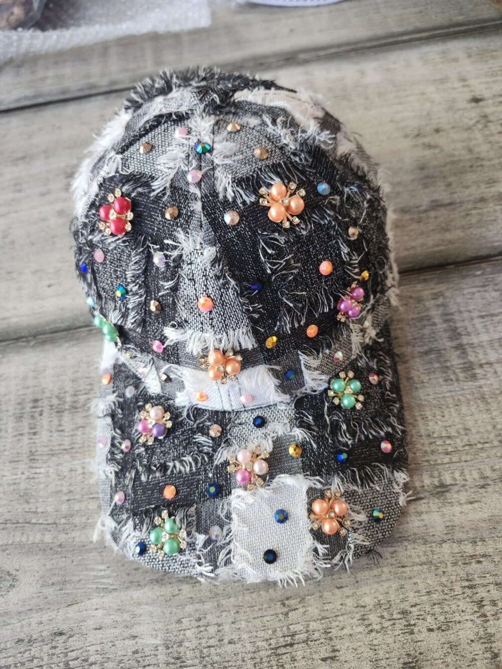 Baseball Hat Plaid frayed Bead Studded Black and White